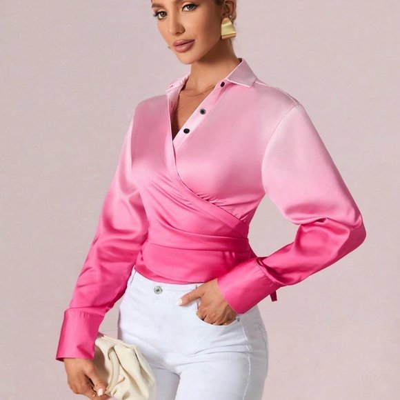 . Tops - Pink Preppy Womens Solid Wrap Detail Button Front Shirt